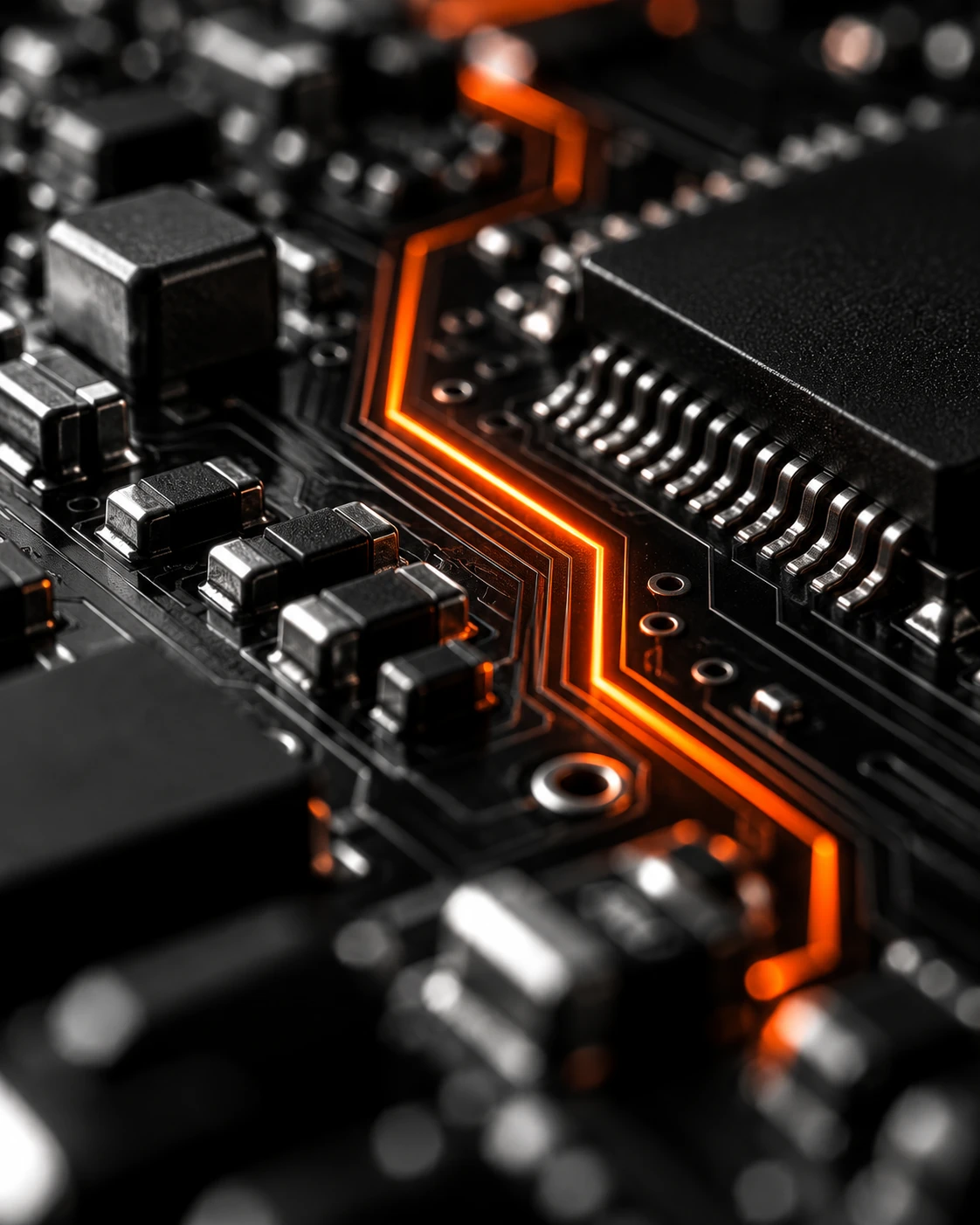 Placa de circuito con una pista iluminada en naranja